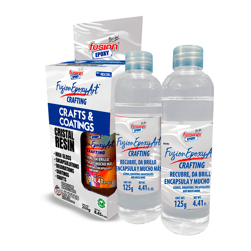 Imagen frontal de RESCRBL Resina Epóxica Cristal 250 g (Parte A y B, 125 g c/u), resina transparente resistente a rayos UV, fondo transparente.