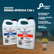 Infografía con características y beneficios de RESCRN8 Resina Epóxica Cristal 2 Galones (Parte A y B, 3.78 L c/u), resina transparente, resistente a rayos UV y que no amarillea.