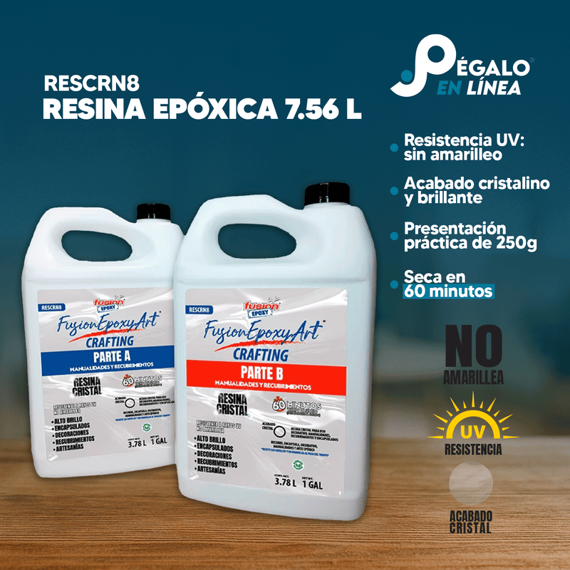 Infografía con características y beneficios de RESCRN8 Resina Epóxica Cristal 2 Galones (Parte A y B, 3.78 L c/u), resina transparente, resistente a rayos UV y que no amarillea.