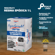 Infografía con características y beneficios de RESCRUV1 Resina Epóxica Cristalina 1 L, para encapsulados, joyería y recubrimientos decorativos.
