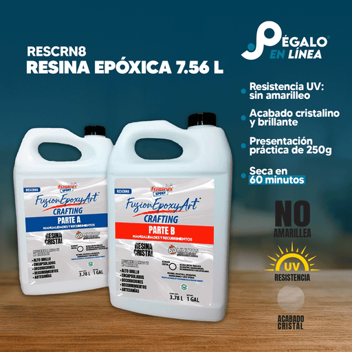 Ficha de características de la resina epóxica cristal Fusion Epoxy Art RESCRN8 de 7.56 L: resistencia UV sin amarilleo, acabado cristalino y brillante, secado en 60 minutos, para arte y recubrimientos