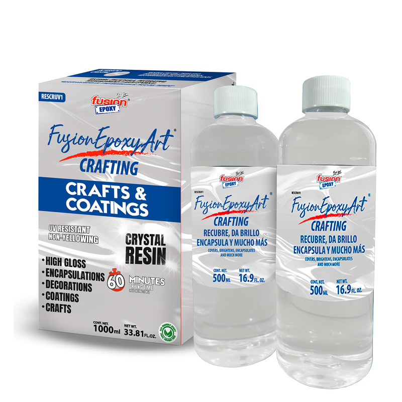 Resina Epóxica Cristal Fusion Epoxy Art Crafting de 1 litro con botellas Parte A y Parte B de 500 ml cada una, acabado cristalino de alto brillo, resistente UV y no amarillenta, para encapsulados, recubrimientos, decoraciones y manualidades