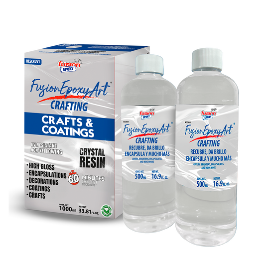 Resina Epóxica Cristal Fusion Epoxy Art Crafting de 1 litro con botellas Parte A y Parte B de 500 ml cada una, acabado cristalino de alto brillo, resistente UV y no amarillenta, para encapsulados, recubrimientos, decoraciones y manualidades