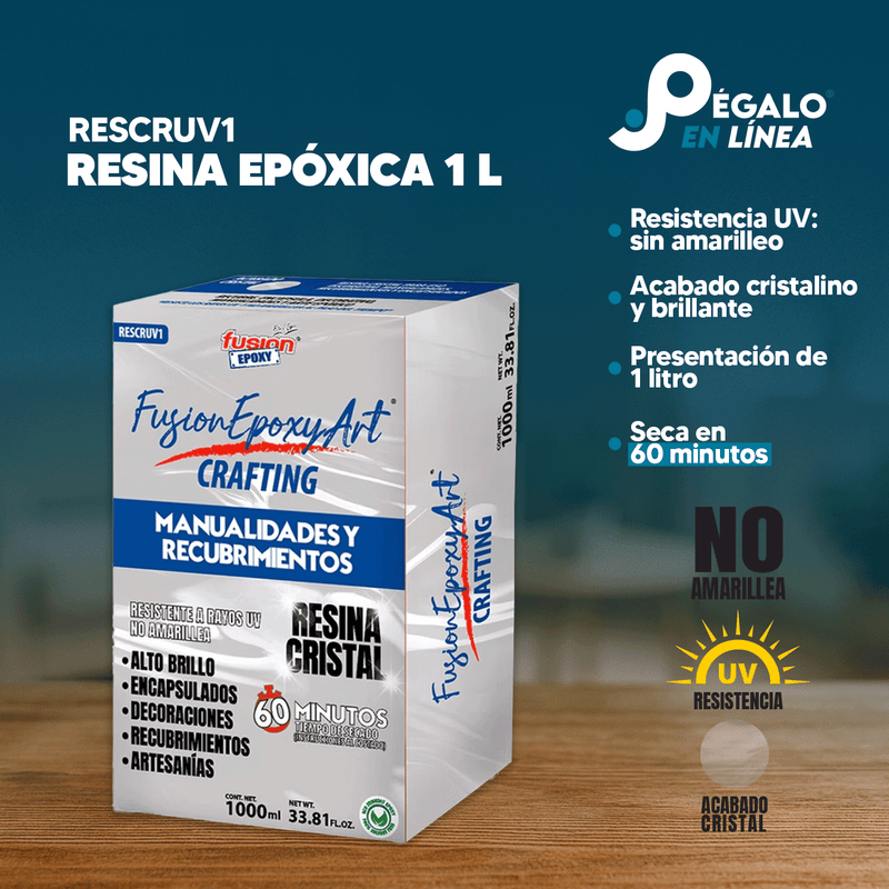 Infografía de características de la Resina Epóxica Cristal Fusion Epoxy Art RESCRUV1 de 1 litro: resistencia UV sin amarillear, acabado cristalino y brillante, presentación de 1 litro, para manualidades y recubrimientos, seca en 60 minutos