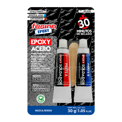 Tubo de epoxy líquido acero Fusion Epoxy ATLA30, kit Parte A y B de 30 g para metales, secado en 30 minutos