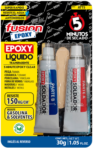 Tubo de epoxy líquido transparente Fusion Epoxy ATT5, kit Parte A y B de 30 g con paleta, secado en 5 minutos